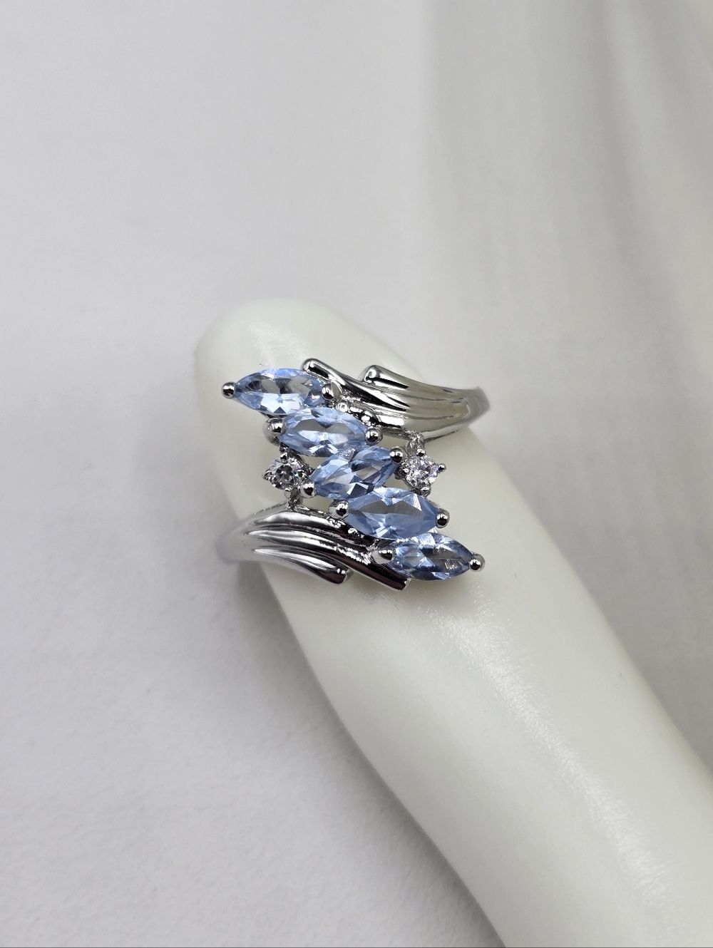 Swarovski Crystal Elements Silver Statement Ring Aquamarine Blue Size 6 Bridal